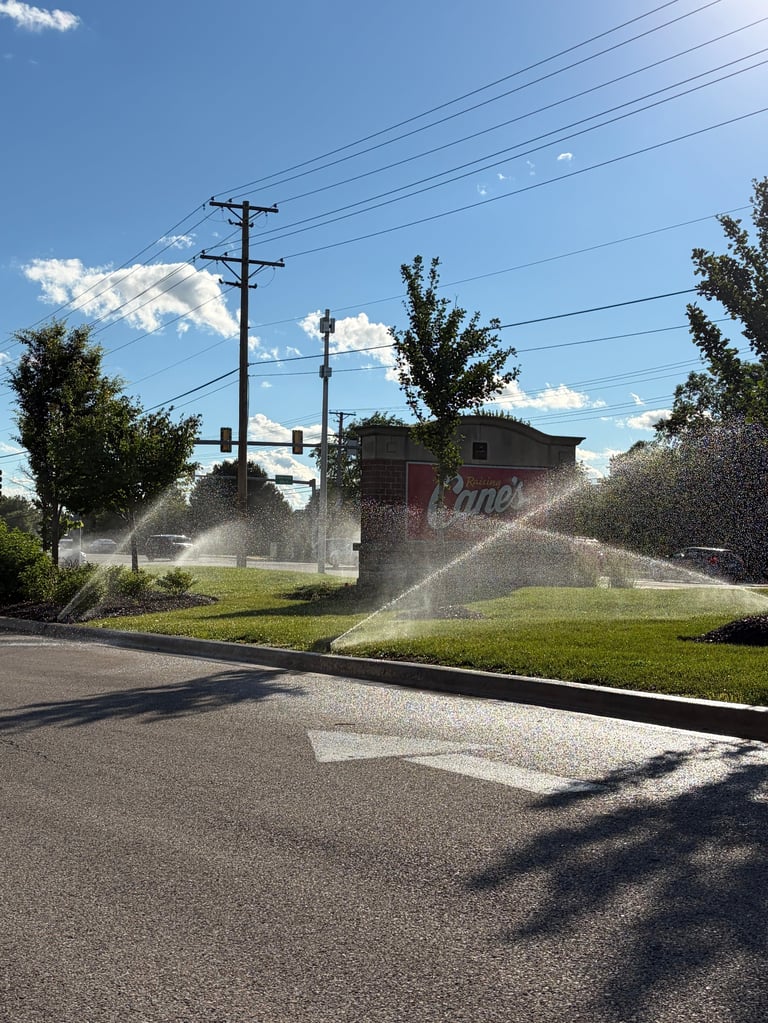 Lawn sprinklers watering grass and landscaping near a utility pole on a sunny residential street