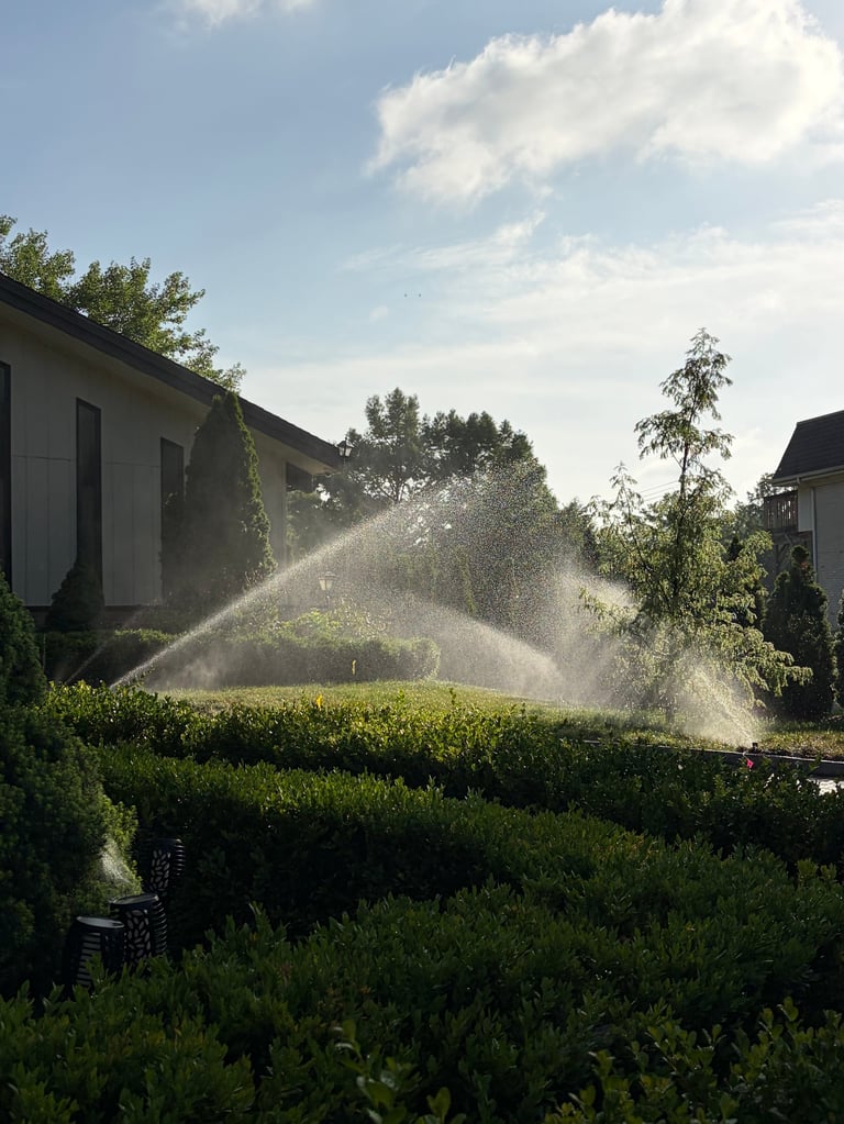 Sprinkler system watering a residential backyard garden with hedges and houses on either side