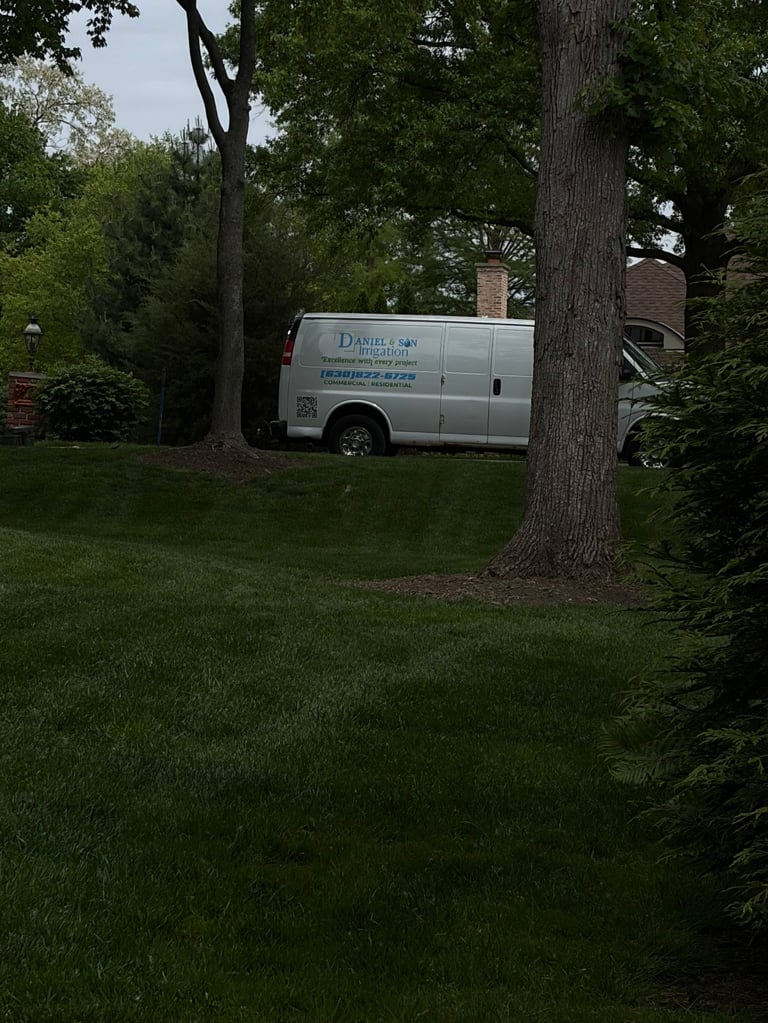 White service van parked on a residential lawn with mature trees and brick chimney in background